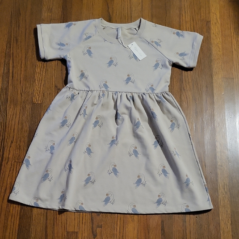 Rylee + Cru Cream and Blue Parakeet Print Dress